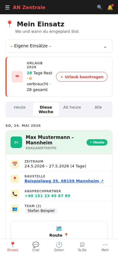 Mein Einsatz – Baustelle und Ansprechpartner auf dem Handy
